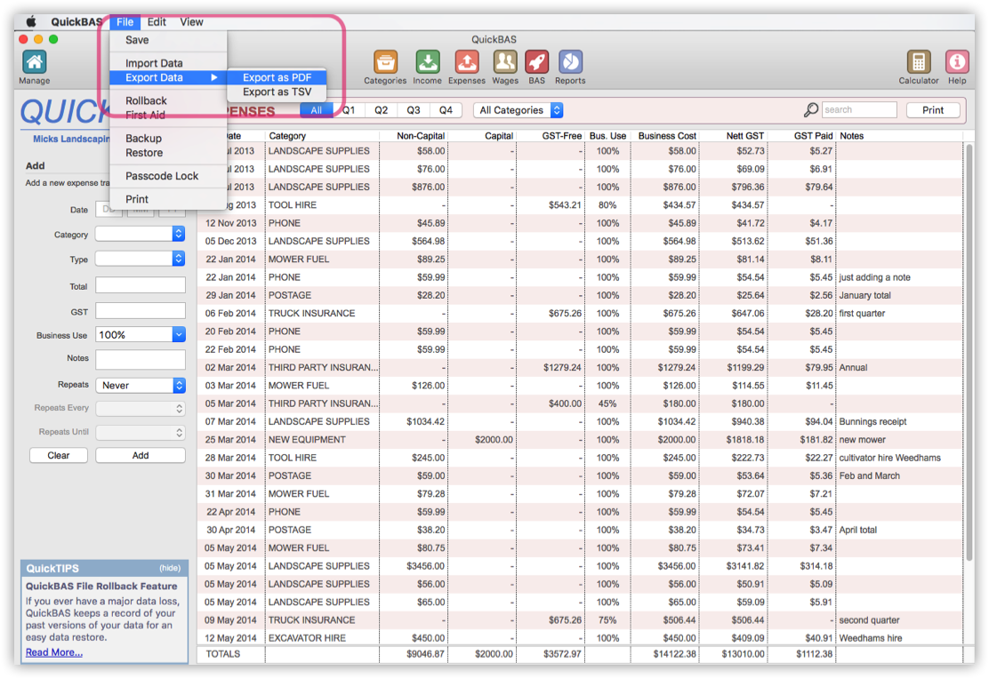 Exporting Expense Data as PDF