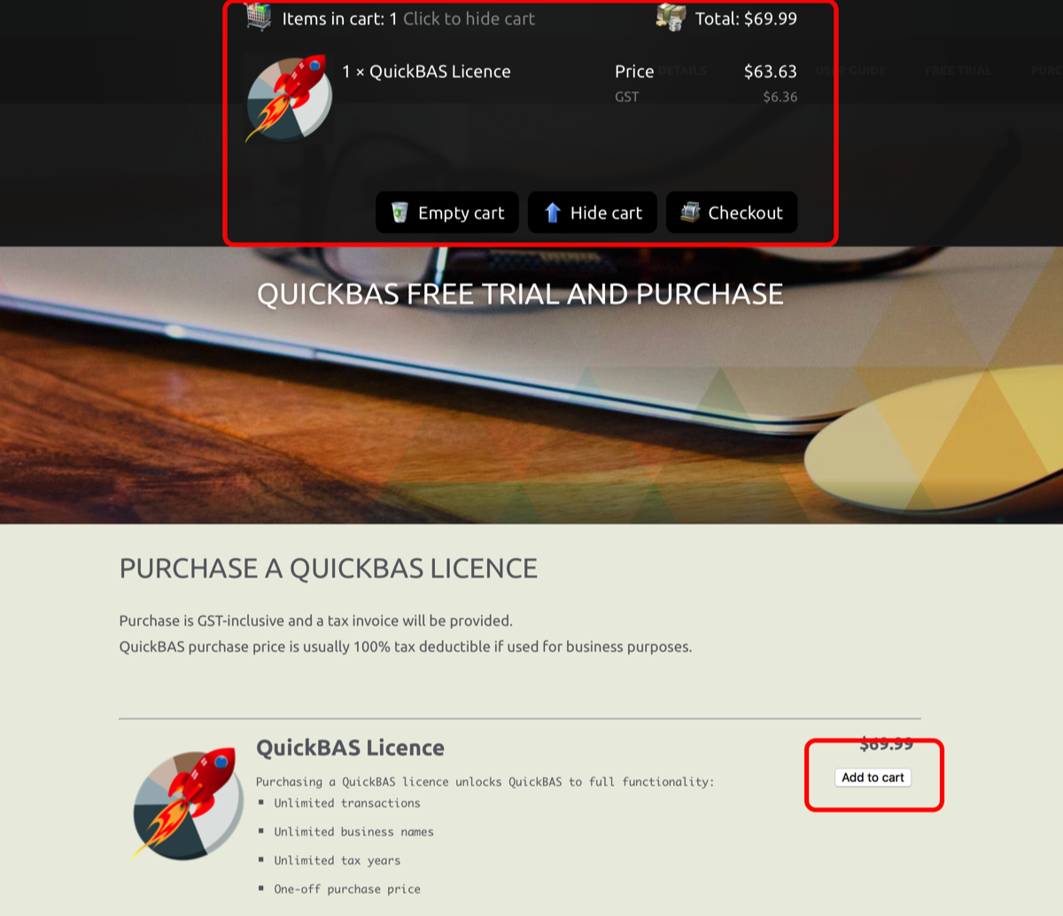 QuickBAS Purchase page
