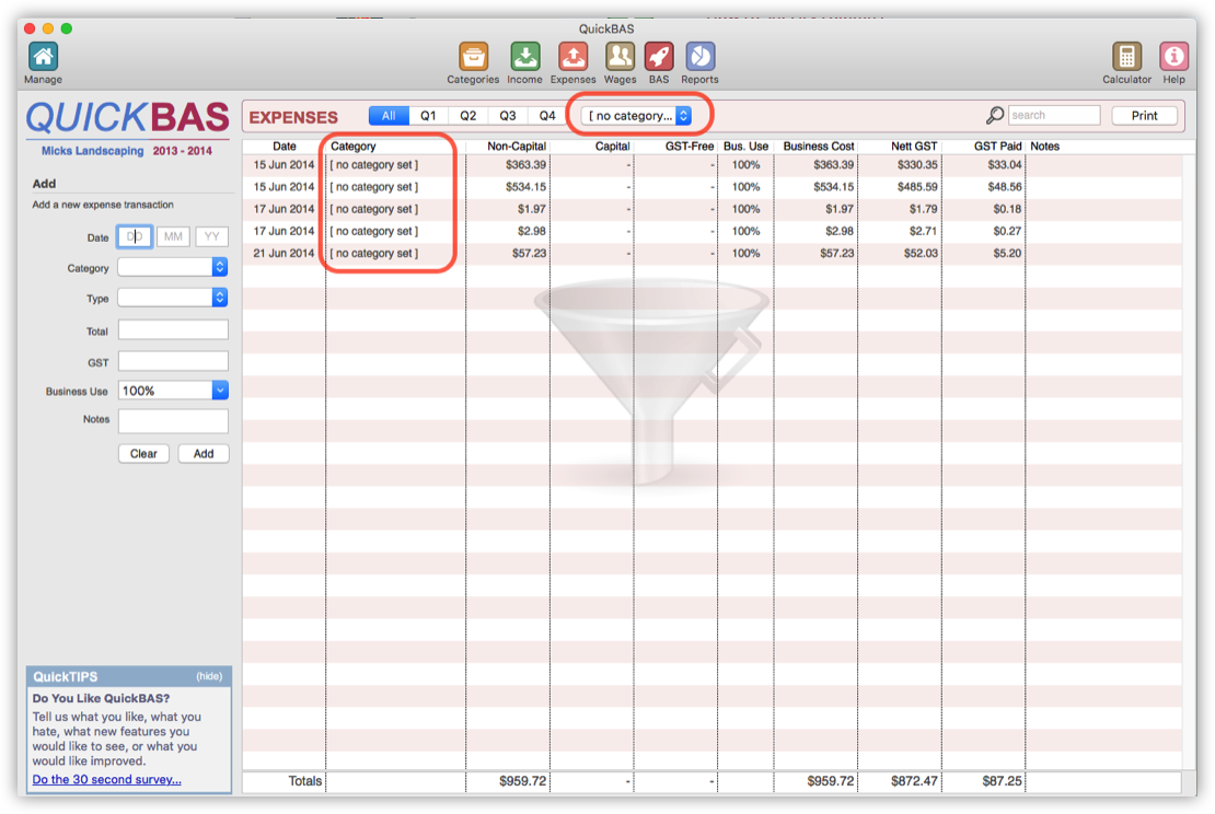Importing Data, setting categories