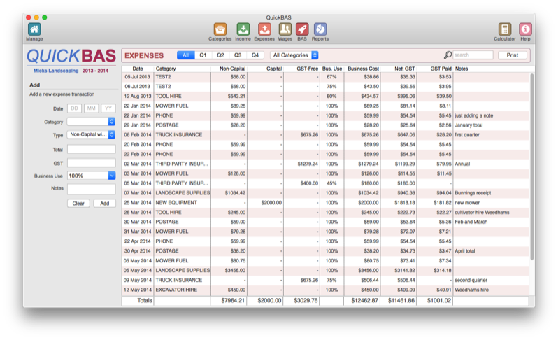 QuickBAS Expenses Sheet