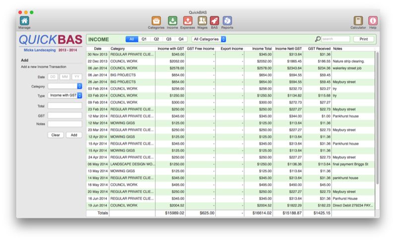 QuickBAS Income Sheet