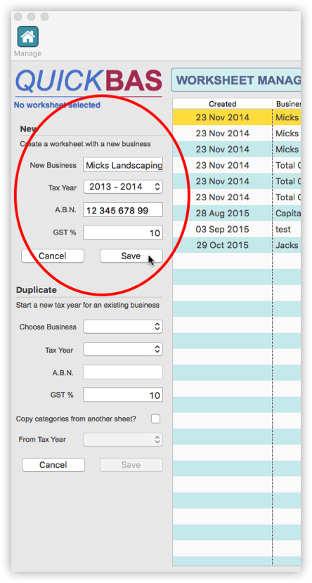 Start a New BAS Worksheet