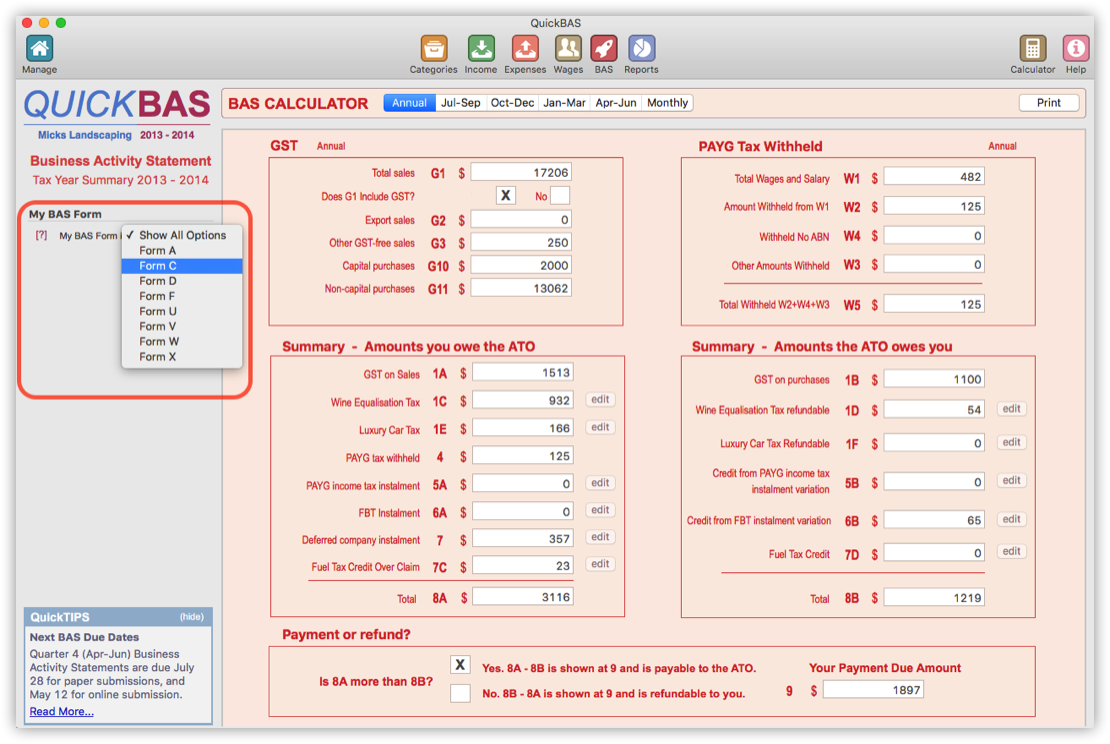 BAS Form Options