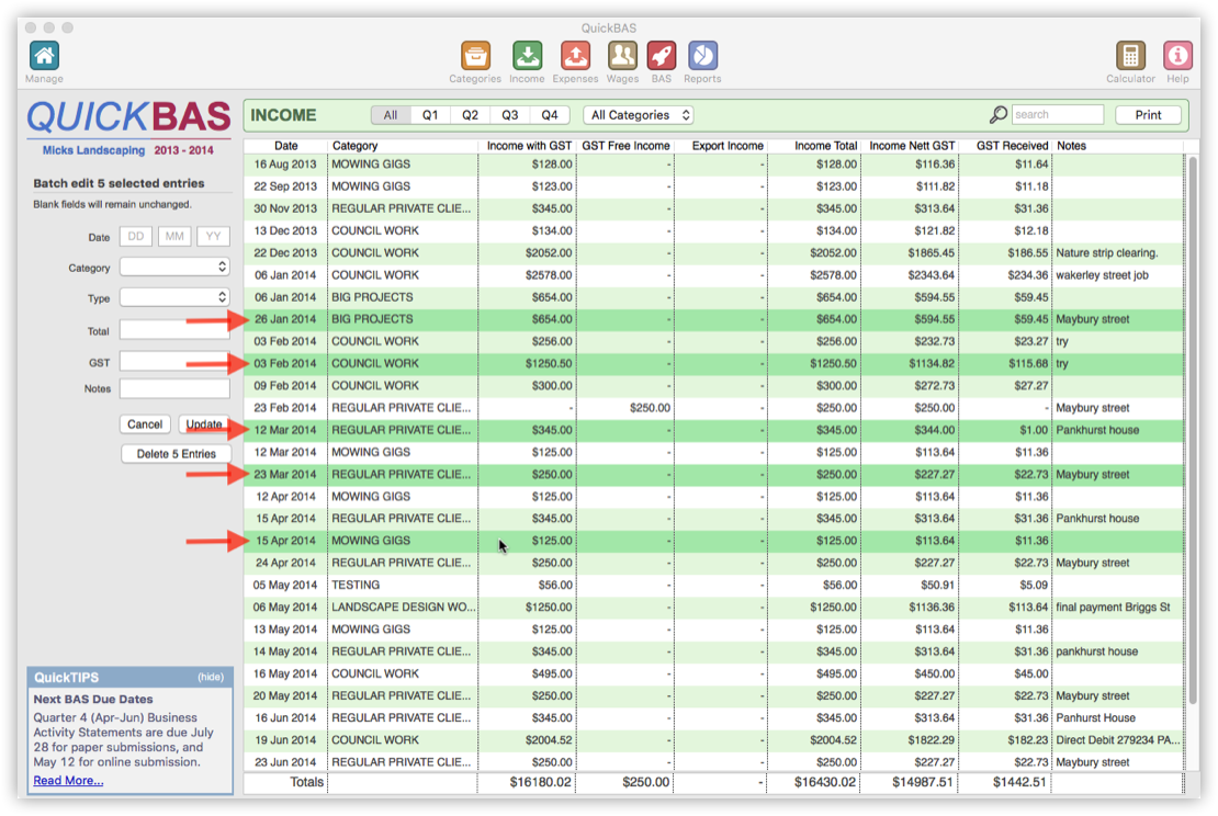 Select Multiple Income Entries