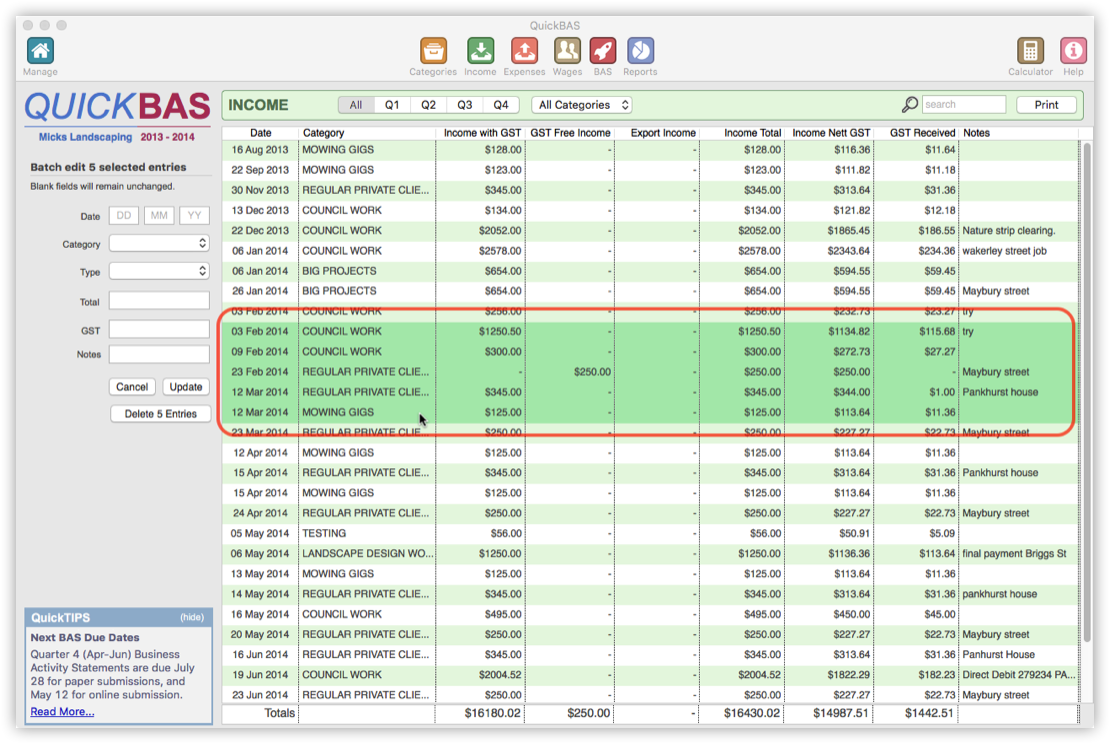 Select a Range of Income Entries