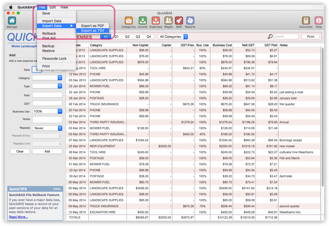 Exporting Expense Data as TSV