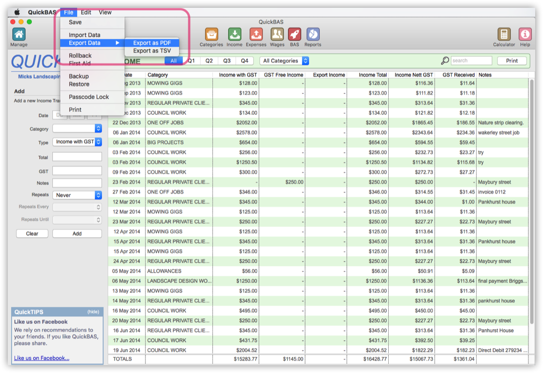 Exporting Income Data as PDF