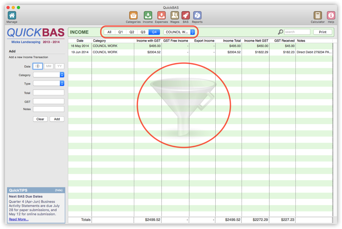 Filtering Income Entries