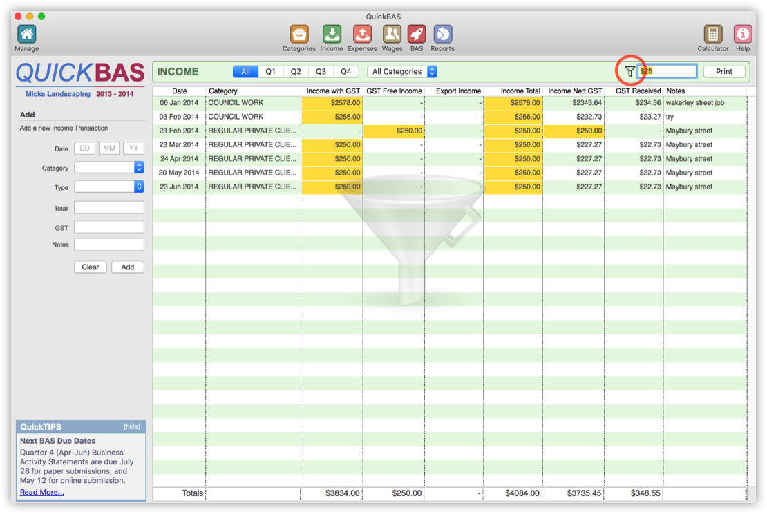 Search and filter Income entries