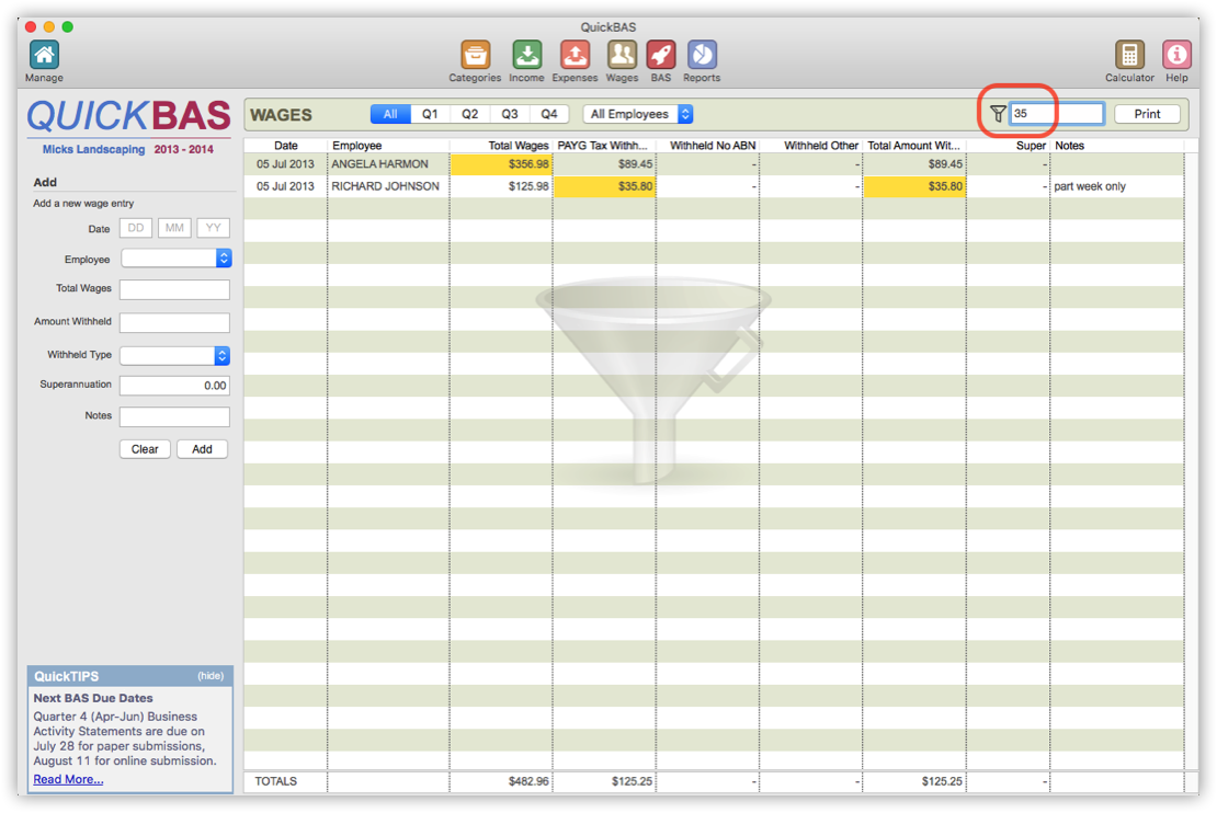 Search and filter Wages entries