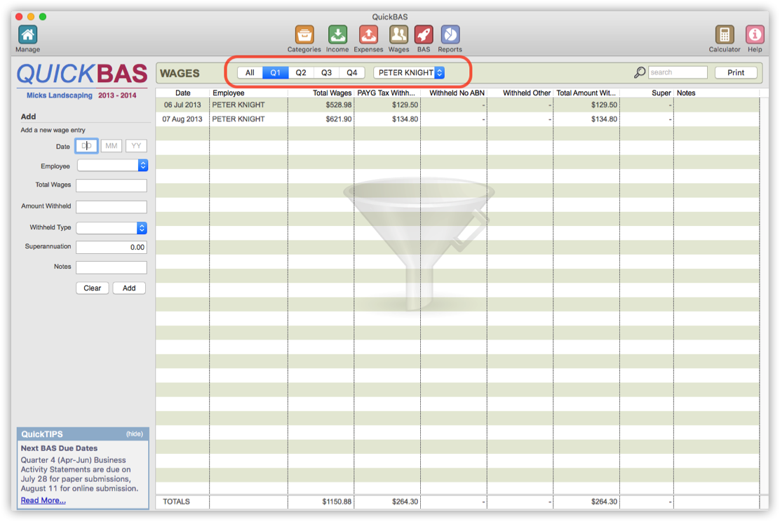 Filtering Wages Entries